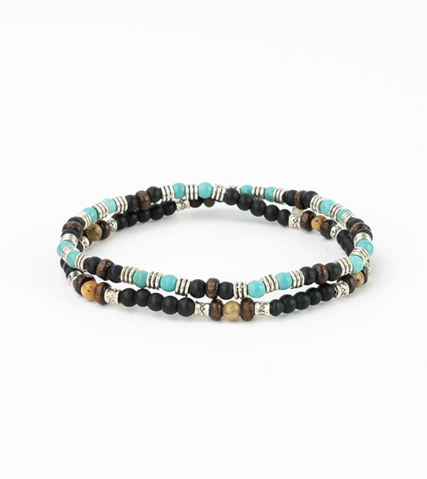 Natural stone and wood double bracelet